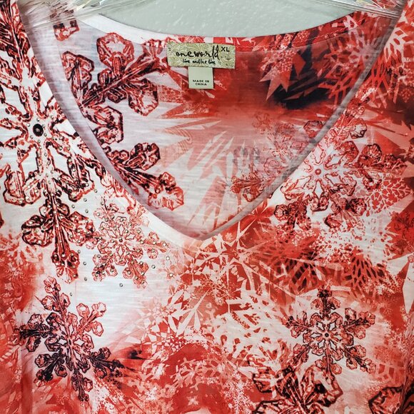 One World Snowflake Red & White NWT Embellishment V Neck Top Tunic XL - Picture 2 of 11